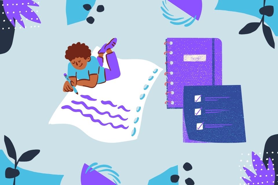 Illustration of person lying on the floor writing